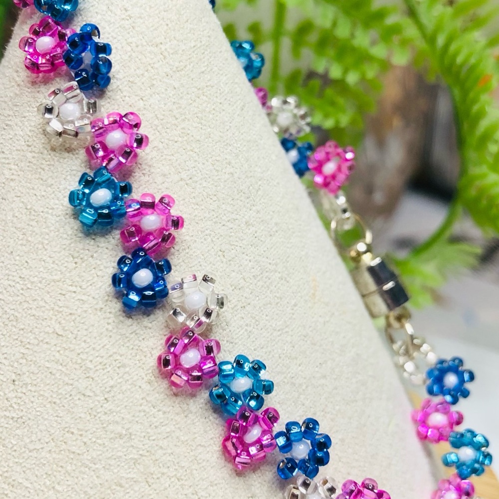 Pink Blue Czech Beaded Bracelet Daisy Thin Dainty Floral Flower Bling Glam NEW - Picture 3 of 6